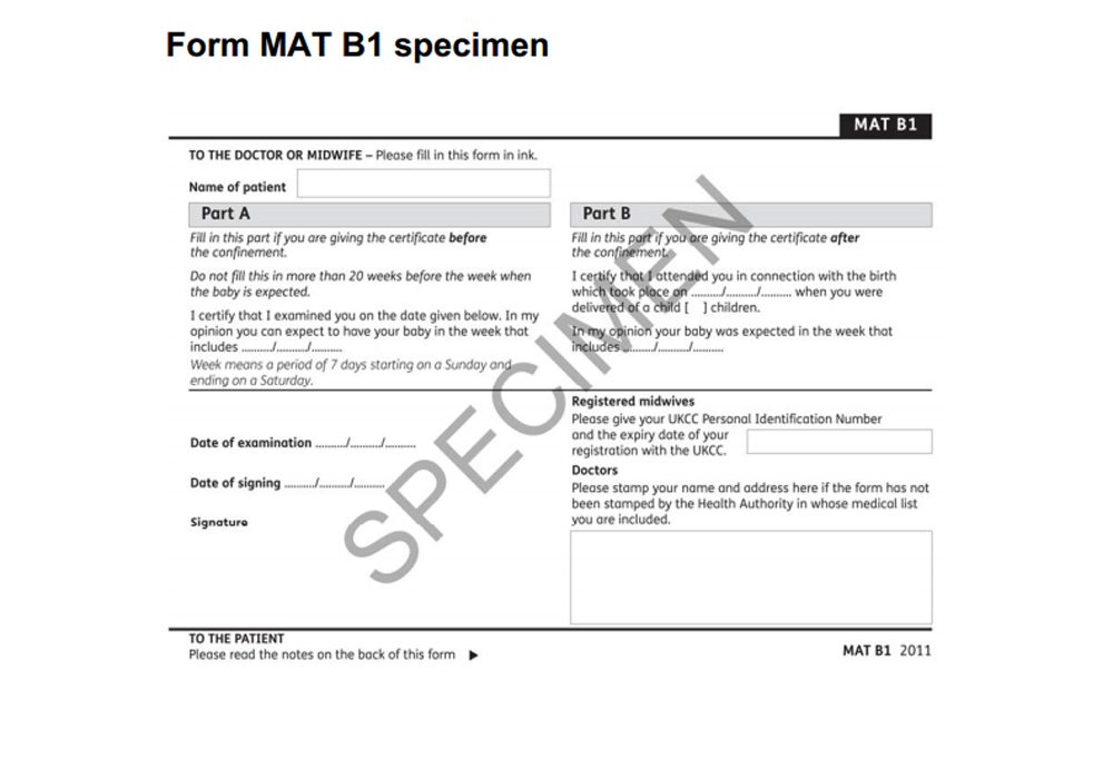 An example pf a MAT B1 form that will be filled out by the doctor and given as proof of pregnancy for maternity leave and payment